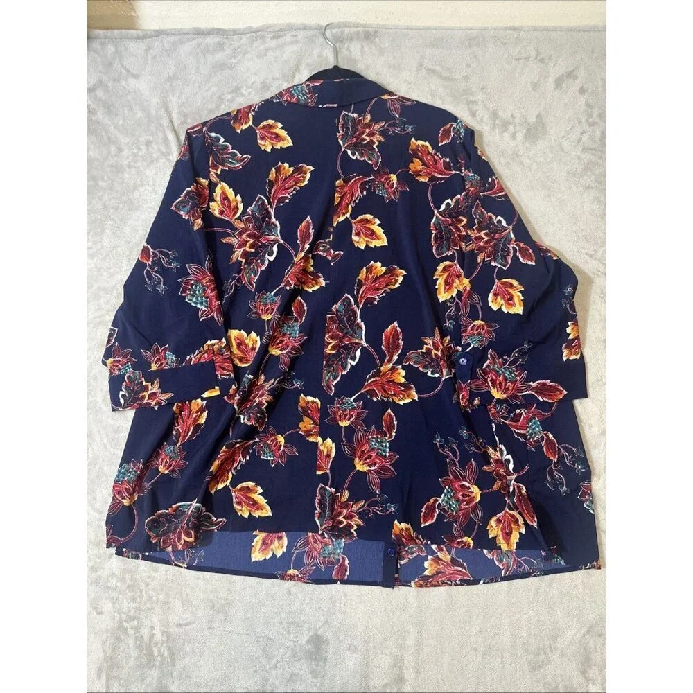 Catherines 3X Blouse Navy Multicolor Leaf Print Stretch Button Front 3/4 Sleeve - Picture 10 of 10